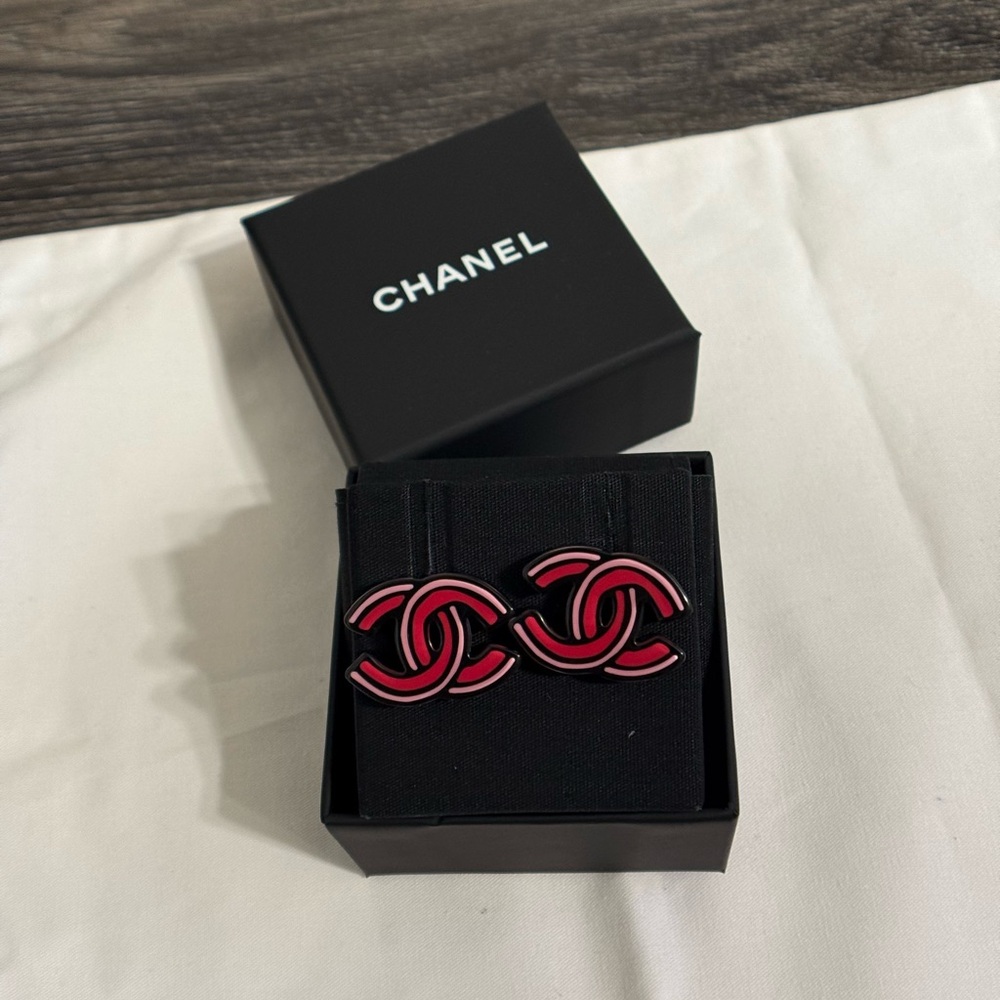 Chanel 2023 Large Red Pink Enamel CC Statement Earrings